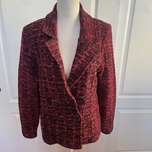 Chico’s Tweed Knit Cardigan Blazer Jacket Black Red Allure Plaid Size 1 Medium
